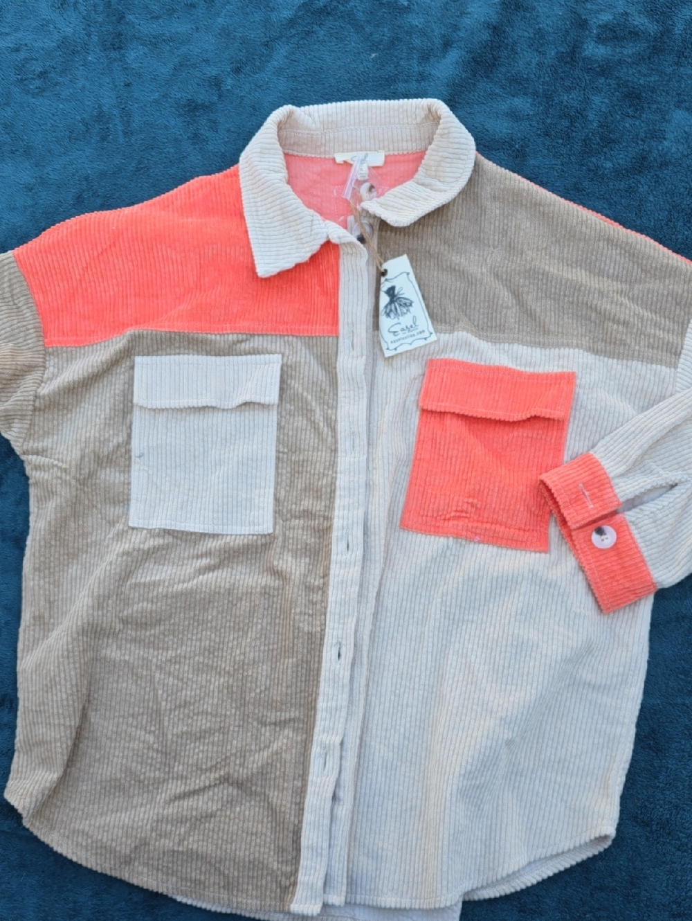 Easel Colorblock Corduroy Button-Up Shirt in Coral & Beige